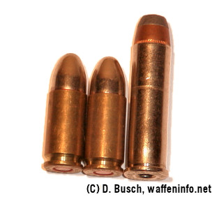A 357-es Magnum töltény és a 9mm-es Parabellum töltény egymás mellett