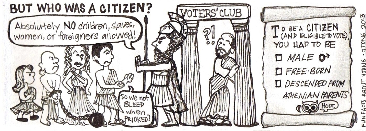 Kik szavazhattak Athénban? Csak azok, akiknek Athéni szüleik voltak, szabadnak születtek, és férfiak voltak! Ki nem szavazhattak? Azok, akik idegenek voltak, nők, gyermekek.